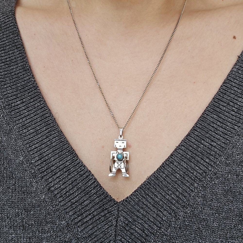 Vintage 925 Sterling Silver Navajo Native American Turquoise Tribal Man Necklace - Picture 5 of 15